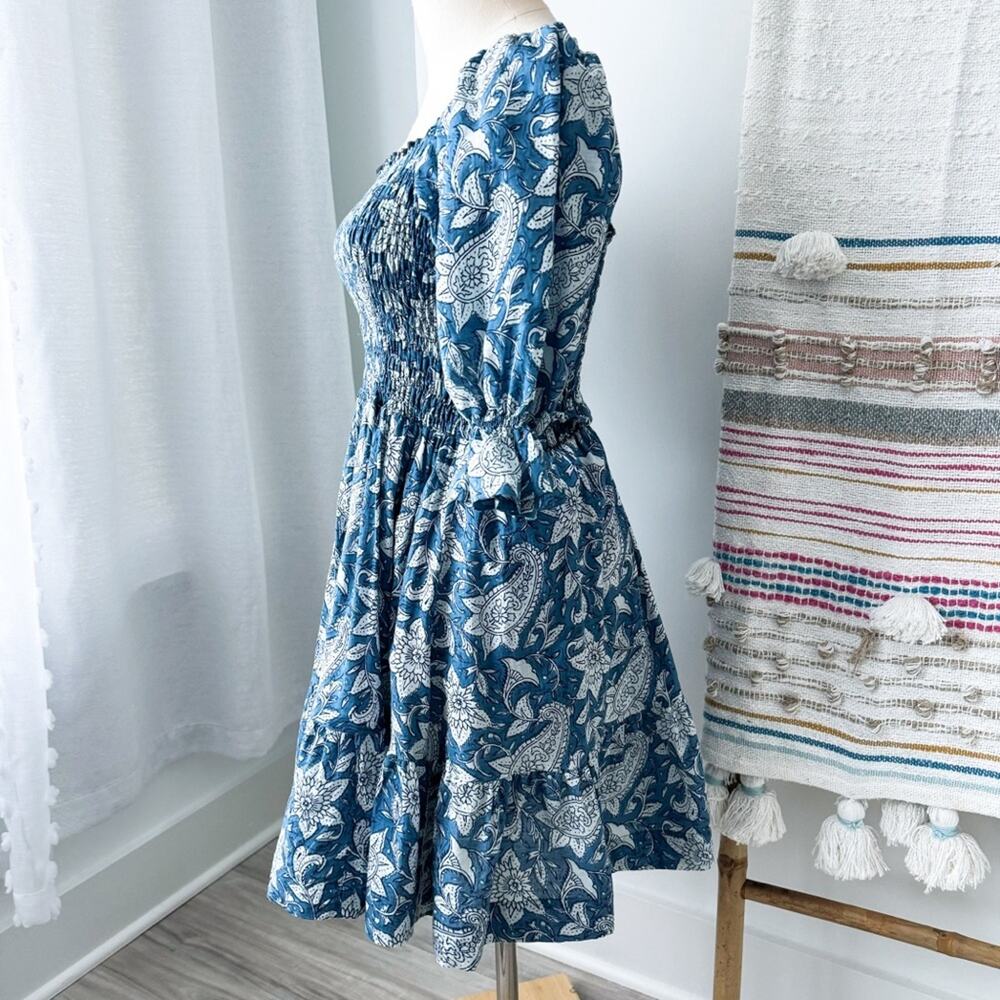 Perry Walker The Grace Blue Floral Short Puff Sleeves Cotton Mini Dress Medium - Picture 4 of 8
